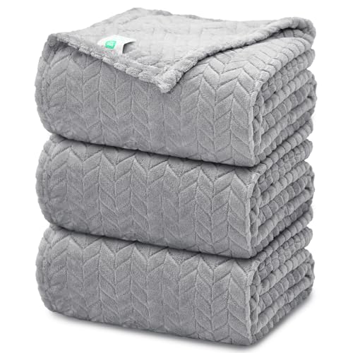3 PC Flannel FleeceThrow Blanket, 50"x70" | 300GSM Soft Blankets for Couch Bed, No Shedding No Pilling Wedding Decorative Throw, Machine Washable (Light Grey) - color: Light Grey
