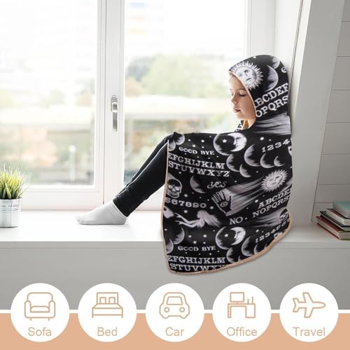 Skull Moon Sun Gothic Witch Board Seamless Black Large Size Comfortable Hooded Blanket, Warm Blanket 50"x60" - color: Skull Moon Sun Gothic Witch Board Seamless Bl, size: 50"x60"