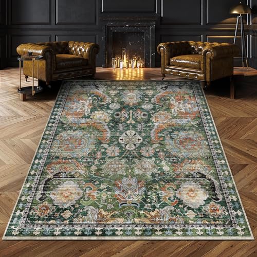 Washable Area Rugs - Perfect for Living Room, Bedroom, Kids Room, Nursery - Stain & Water Resistant Non-Slip, Pet & Child Friendly, Vintage Tribal Area Rugs (Green, 5' x 7') - color: Green, size: 5' x 7' (Rectangular)
