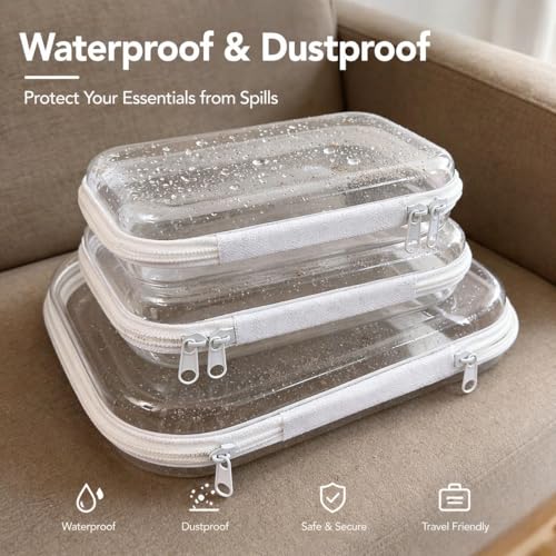 3-Pack Clear Hard Shell Zipper Cases, Crush-Proof Transparent TSA Approved Organizer Bags for Makeup, Cosmetics, Toiletry, Diaper, Toys, Tech & Art Supplies Small Medium Large
