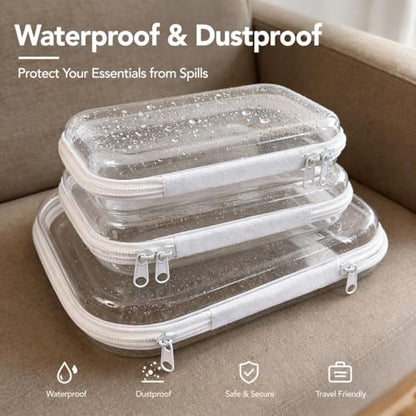3-Pack Clear Hard Shell Zipper Cases, Crush-Proof Transparent TSA Approved Organizer Bags for Makeup, Cosmetics, Toiletry, Diaper, Toys, Tech & Art Supplies Small Medium Large