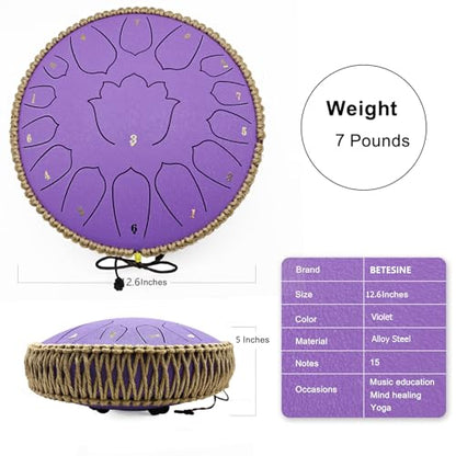BETESINE 13-Inch 15-Note Steel Tongue Drum in C Major, Beginner-Friendly Meditation Drum with Mallets, Music Book, Finger Picks, Carry Bag & Note Stickers, Violet - color: Violet
