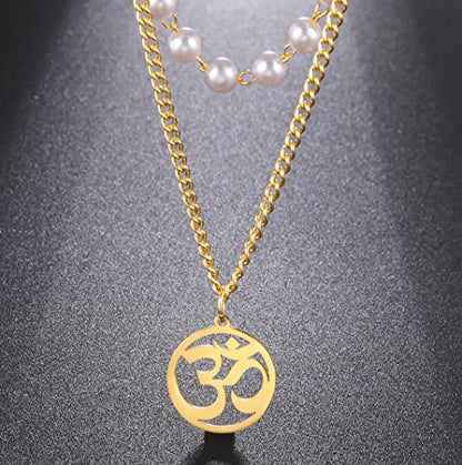 UNIFT Necklace For Women- Aum Om Ohm Sanskrit Symbol Round Pendant Beaded Double Layer Chain Charm Necklace,Hinduism Yoga Sanskrit Personalized Amulet Dainty Pendant Necklace Jewelry - color: pearl chain - gold