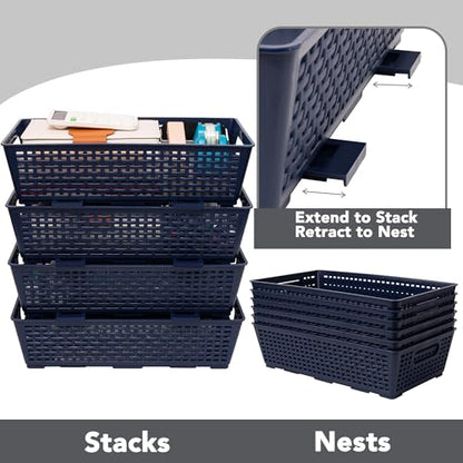 Tiawudi Stackable Woven Plastic Basket, Storage Bins for Cabinet, Closet, Shelf, Under Sink and Countertop, Pantry Organizer Bins, 6 Pack - color: Dark Blue