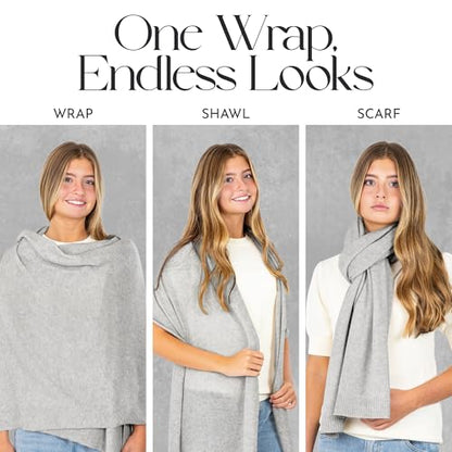 Velanio Cashmere Luxury Knitted Wrap Travel Shawl Scarf, Pashmina Stole, All-Season Scarf for Women Cashmere Wool Blend - color: Silver Grey
