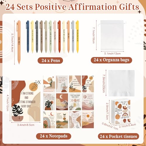 Mooliwe 24 Sets Mother's Day Positive Affirmation Gifts Bulk, Boho Self Care Package-pocket Tissues, Notepads, Ballpoint Pens & Organza Bags, Encouragement Gifts for Mom, Employees, Teachers, Coworker