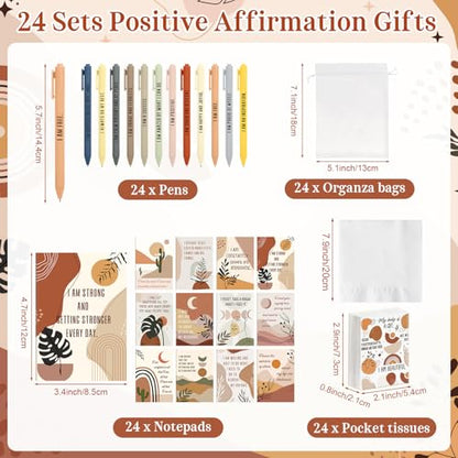 Mooliwe 24 Sets Mother's Day Positive Affirmation Gifts Bulk, Boho Self Care Package-pocket Tissues, Notepads, Ballpoint Pens & Organza Bags, Encouragement Gifts for Mom, Employees, Teachers, Coworker