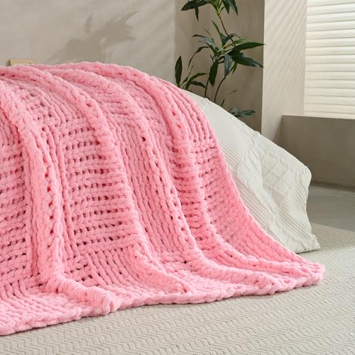 Chunky Knit Blanket Throw 50x60 Inches,Handmade Cable Knit Crochet Blanket,Cozy Lightweight All Season,Wrinkle-Resistant Polyester for Couch Bed Sofa Reading Nook, Beige,Pink - color: Pink