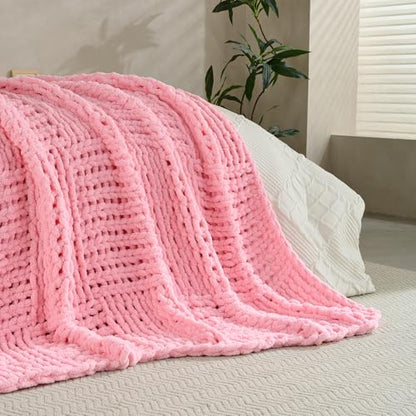 Chunky Knit Blanket Throw 50x60 Inches,Handmade Cable Knit Crochet Blanket,Cozy Lightweight All Season,Wrinkle-Resistant Polyester for Couch Bed Sofa Reading Nook, Beige,Pink - color: Pink