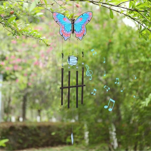 Butterfly Wind Chimes for Outside, Stained Glass Wind Chime Windchimes for Patio, Outdoor,Garden,Yard,Coastal,Window,Home Decor or Gifts for Women(Blue & Red)