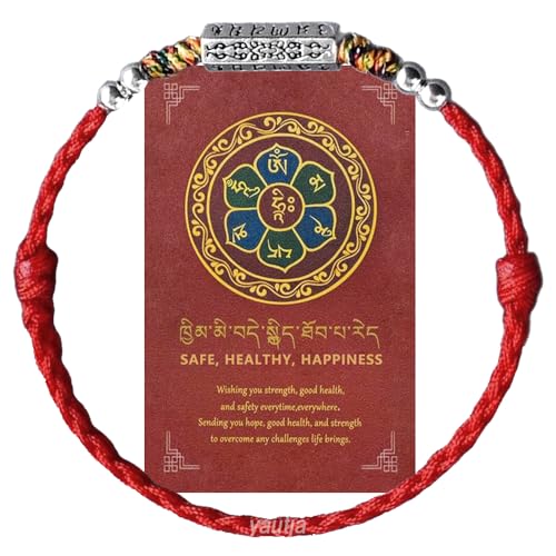yautja Tibetan Buddhist Red String Bracelet with Tibetan Silver Om Mani Padme Hum Buddhist Mantra Bracelet Handmade Braided Adjustable Amulet Spiritual Red Rope Bracelet Lucky Protection Meditation Bracelet Yoga Prayer Jewelry Gift for Women - color: Red