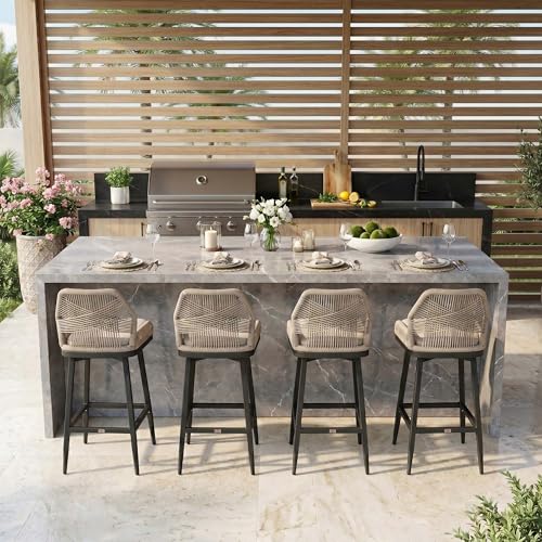PURPLE LEAF Outdoor Swivel Bar Height Stools Set of 2 Patio 360° Rotating All-Weather Wicker High Top Stools with Back and Cushion for Outside Backyard Kitchen Bistro Garden, Dark Grey - color: Classic/Dark Grey, size: 2pc-27.6"h-swivel