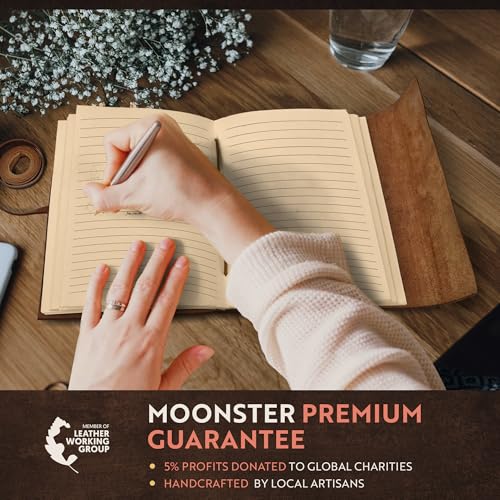 moonster Leather Journal with Embossed Heart Shape - Non Refillable 8x6″ Lined Notebook - 400 Pages College Ruled Kraft Paper - Inspirational Small Notebook - Leather Journals for Women - size: 8" x 6"