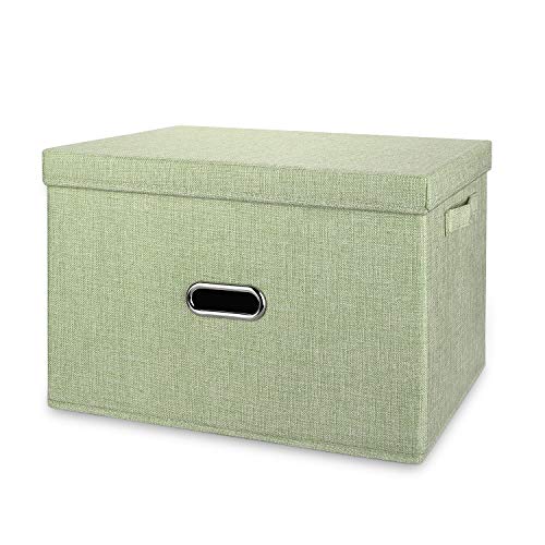 Linen Fabric Collapsible Storage Bins with Removable Lids and Handles, Washable Storage Box Containers Baskets Cube with Cover for Bedroom,Closet,Office,Living Room,Nursery (Green, Medium) - color: Green, size: Medium