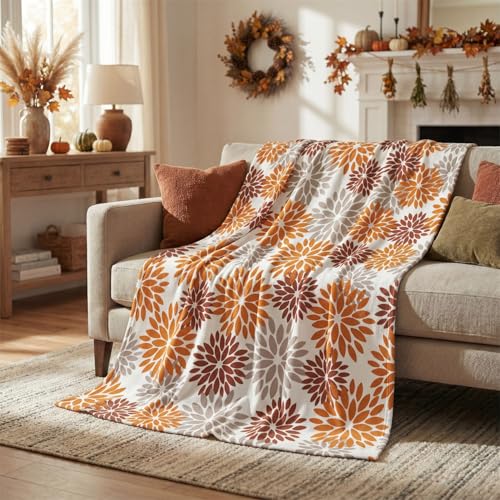 Horaldaily Orange Grey Dahlia Pinnata Blanket Throw, Fall Floral Soft Fuzzy Plush Faux Fur Cozy Blankets for Couch Sofa Bed Lounging, Ideal Gifts for Kids Adults Self 50x60 - color: Orange Grey, size: Throw(50x60'')
