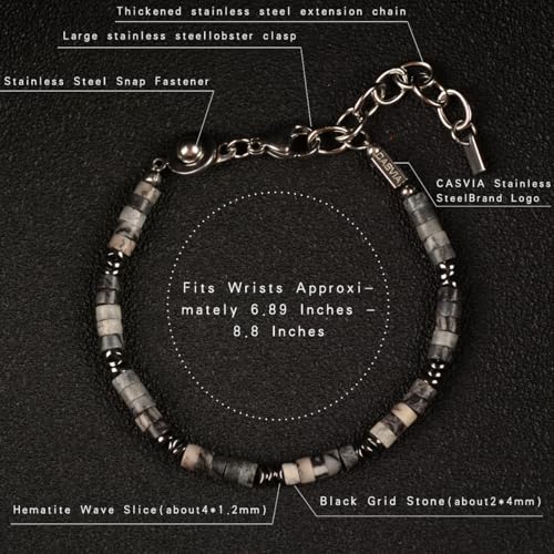 Men's Hematite & Black Grid Stone Beaded Bracelet, Adjustable Stainless Steel, Thickened Steel Wire Handmade Original Rugged Jewelry, Birthday Gift for Dad & Boyfriend
