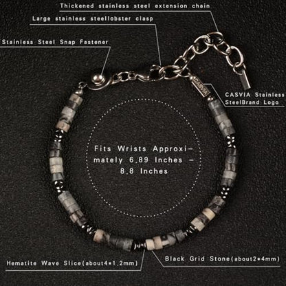 Men's Hematite & Black Grid Stone Beaded Bracelet, Adjustable Stainless Steel, Thickened Steel Wire Handmade Original Rugged Jewelry, Birthday Gift for Dad & Boyfriend