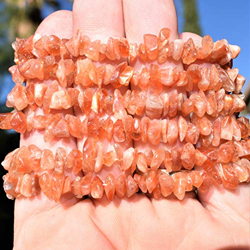 Zenergy Gems Charged Premium Natural Crystal Chip Bead Bracelet + Moroccan Selenite Charging Crystal [Included] - color: Beautiful Sunstone