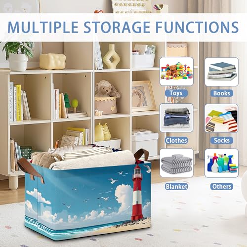 Lighthouse Seagull Storage Baskets,Beach Foldable Organizer Bin with Handles for Home Living Room Bedroom Closet Box 17x11.5x10Inch - color: Lighthouse Seagull Beach