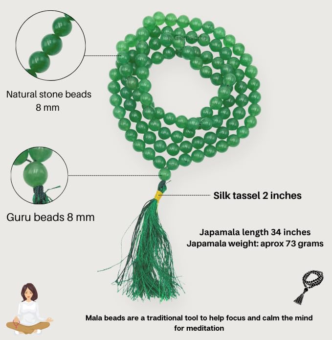 GEMSCITE Japa Mala 108 Prayer Beads Perfect for Meditation Spiritual Mala Necklace & Wrist Mala Bracelet - color: Green Aventurine, size: Without Knots