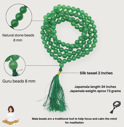 GEMSCITE Japa Mala 108 Prayer Beads Perfect for Meditation Spiritual Mala Necklace & Wrist Mala Bracelet - color: Green Aventurine, size: Without Knots