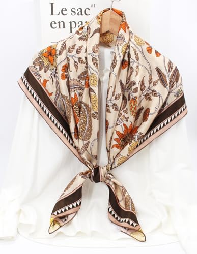 ANDANTINO 100% Silk Scarf 43" Large Square Lightweight Headscarf& Shawl–Women Hair Wraps-With Gift Packed - color: Floral-light Brown