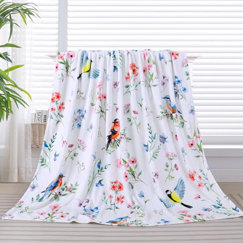 Floral Bird Blanket Ultra Soft Watercolor Flowers Throw Blankets Wildflower Flannel Fleece Throw Botanical Warm Cozy Fuzzy Plus Gifts Cabin Blanket for Bed Sofa, 50" X 60" - color: Oragne Bird, size: 50"×60"