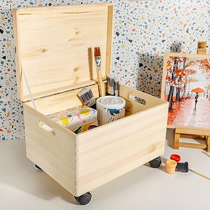 Creative Deco XXL Large Plain Wooden Box Storage with Hinged Lid & Wheels | 15.8x11.8x9.44 inches (+-0.5) | Handles | Unpainted Gift Tool Dog Toy Clothes Kitchen Storage | Rough UNSANDED