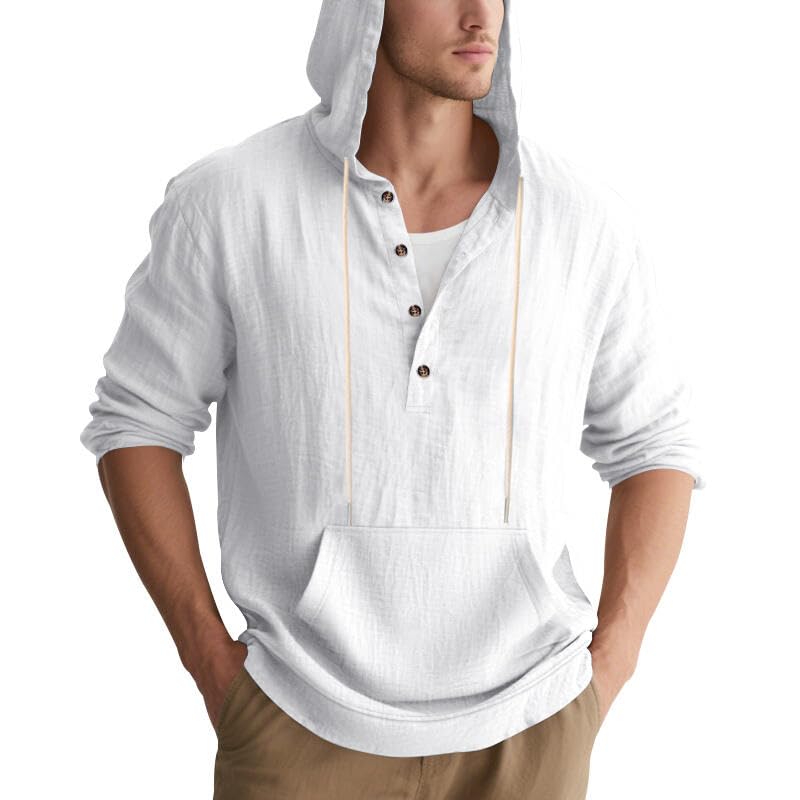 Men's Linen Hoodie Lightweight Hawaiian Shirt Casual Beach Shirt with Pockets - color: White