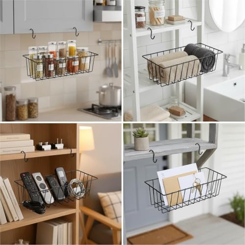 10 PCS Grid Wall Baskets and Bins, No Drilling Small Hook Basket Set for Wall Grid Panel, Wire Storage Basket for Kitchen Bathroom Home Decor Supplies, Black