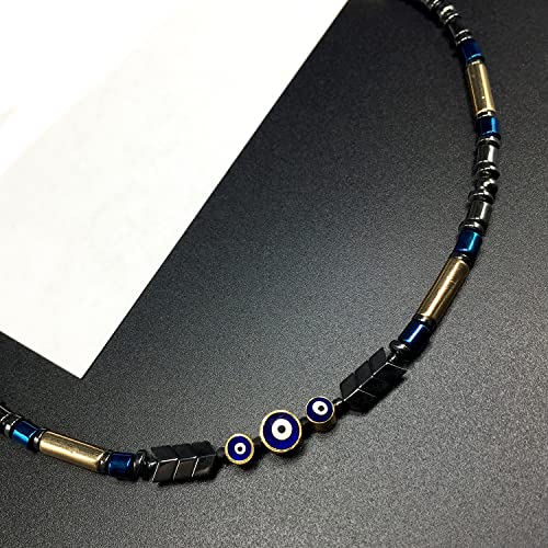 Healing Stress Anxiety Meditation Grounding Energy Gemstone Necklace Series - color: Black Blue Hematite -4 mm- Tube Beads & Evil Eye