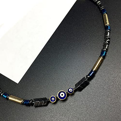 Healing Stress Anxiety Meditation Grounding Energy Gemstone Necklace Series - color: Black Blue Hematite -4 mm- Tube Beads & Evil Eye