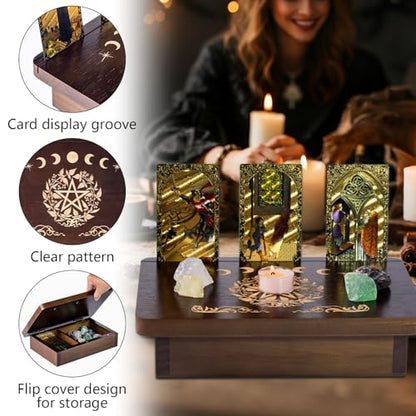 Wood Altar Table,Meditation Table with Storage Space and Tarot Card Holder,Tabletop Carved Sun and Moon Pattern Witchcraft Home Decor for Witchcraft Supplies, Divination, Prayer (A)