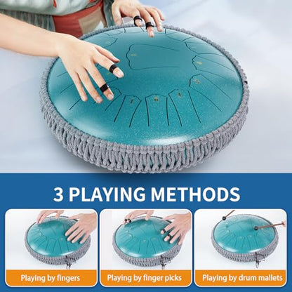 Steel Tongue Drum 13 INCH 15 NOTES, Rain Drum for Outside Garden, Rain Chime Chakra Drum, Hand Pan Musical Instrument Gift with Bag for Adult, for Meditation Yoga (Malachite, D key) - color: Malachite
