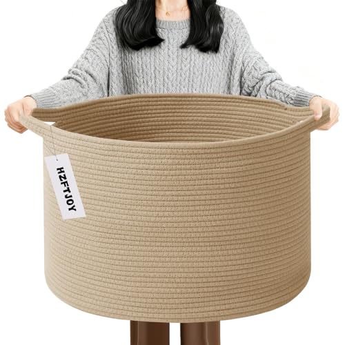 90L Extra Large Blanket Basket,Woven Rope Laundry Basket Hamper with Handles, Decorative Nursery Basket Storage Bin for Toys, Clothes Organizer, Living Room, Bedroom, Bathroom, Camel - color: Camel, size: 21.7"L x 21.7"W x 13.8"H（90L)