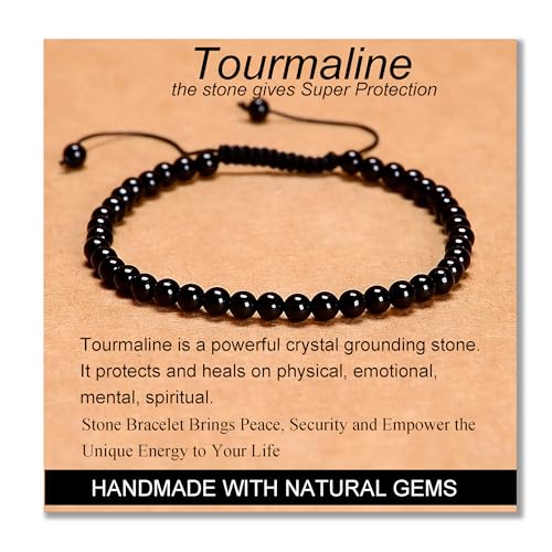 MASSIVE BEADS Handmade Yoga Natural Stone Crystal Healing Power Energy Gifts for Unisex Adult Bracelet Macrame Adjustable - color: Black Tourmaline(Super Protection), size: 4mm