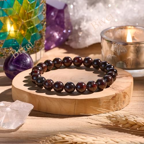 Bivei 8mm Beaded Bracelets for Women Handmade Semi Precious Natural Stone Stretch Elastic Jewelry Yoga Protection Gifts - color: Garnet - Passion & Energy, size: Medium 6.8-7.3 inch