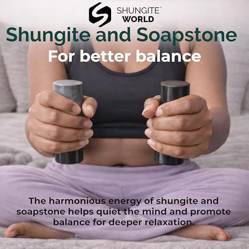 Shungite World 2 pcs Authentic Shungite and Soapstone Harmonizers Cylinders Set Chakra Healing Crystals for Grounding Shungite Stones for Meditation Magnetic Therapy Negative Energy Protection