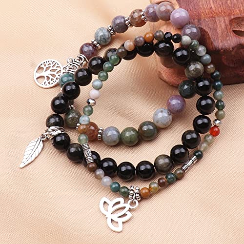 Tree of Life Yoga Healing Stone Bracelets,Multilayer Lotus Chakra Stone Reiki Bracelet Sets,Anxiety Crystal Natural Stone,for Women Stress Relief - style: Indian agate+golden obsidian