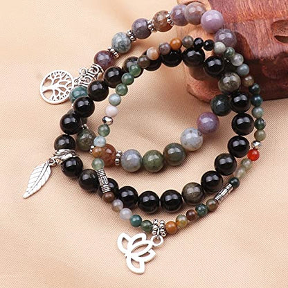 Tree of Life Yoga Healing Stone Bracelets,Multilayer Lotus Chakra Stone Reiki Bracelet Sets,Anxiety Crystal Natural Stone,for Women Stress Relief - style: Indian agate+golden obsidian