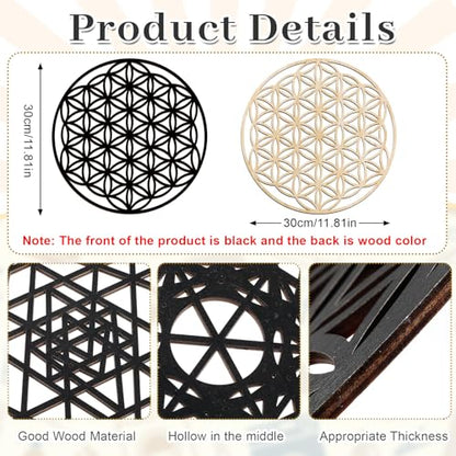 Taiyin 6 Pcs 12 Inch Wooden Sacred Geometry Wall Art Set, Zen Geometric Wall Decor for Home Meditation Room, Inspired Hanging Art with Metatron Cube, Flower of Life, Sri Yantra(Black)
