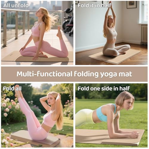Foldable Yoga Mat Exercise Mat for Home Workout, Comfortable and Durable, 8mm Thick Portable Folding Mat, Non-Slip, Pilates Mat Thick, Outdoor Use, Meditation, Travel, Camping (71"x24" x 0.3") (Milk Coffee + Black) (Brown+Black)
