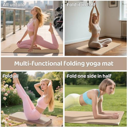 Foldable Yoga Mat Exercise Mat for Home Workout, Comfortable and Durable, 8mm Thick Portable Folding Mat, Non-Slip, Pilates Mat Thick, Outdoor Use, Meditation, Travel, Camping (71"x24" x 0.3") (Milk Coffee + Black) (Brown+Black)