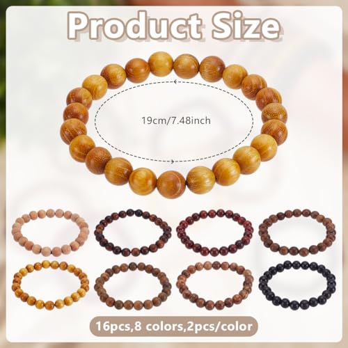 16 Pcs 8 Styles Wooden Beaded Bracelet, Adjustable Elastic Bracelets Natural Sandalwood Round Beaded Stretch Bracelet Friendship Bracelets for Men Women Gifts