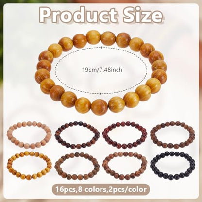 16 Pcs 8 Styles Wooden Beaded Bracelet, Adjustable Elastic Bracelets Natural Sandalwood Round Beaded Stretch Bracelet Friendship Bracelets for Men Women Gifts