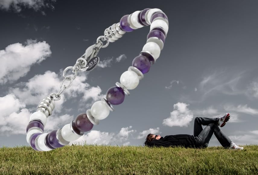 Beaded Bracelet for Men and Women – Natural Gemstone and Stainless Steel – Adjustable, Durable and Elegant – Made in Italy - color: Amethyst - Moonstone