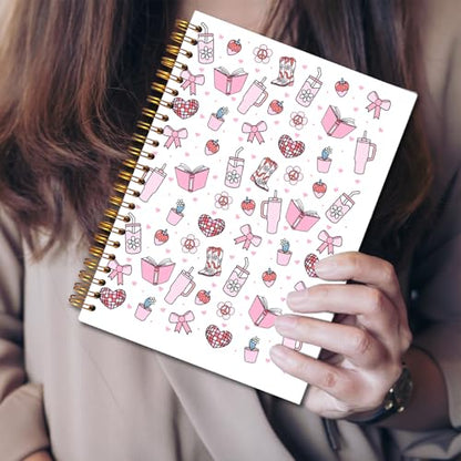 JINYO Cute Girly Bookish Notebook, Coquette Pink Bow Strawberry Journal, Preppy Aesthetic Journal for Women, Coquette Girly Office Supplies, Preppy Spiral Notebooks 5.5x8.3 Inch - color: white Girly Bookish Notebook