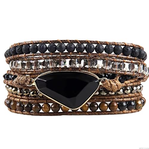 Boho Wrap Bracelet for Women, Handmade Natural Imperial Jasper Multi-Layer Stone Beaded Bracelet, Bohemian Healing Crystal Stone Jewelry Gifts - color: Obsidian