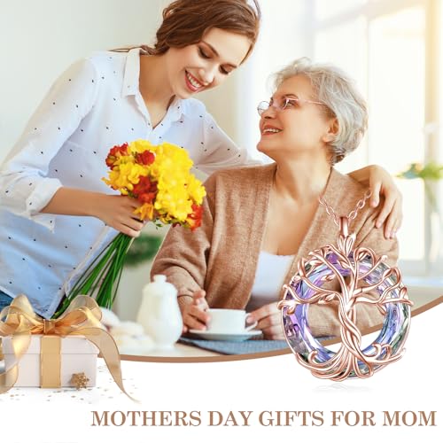TOUPOP Tree of Life Necklace Gifts for Women 925 Sterling Silver Family Tree Pendant with Crystal Birthday Irish Jewelry Gifts for Women Her Wife Mom - color: 02-Rose Gold-Purple Crystal