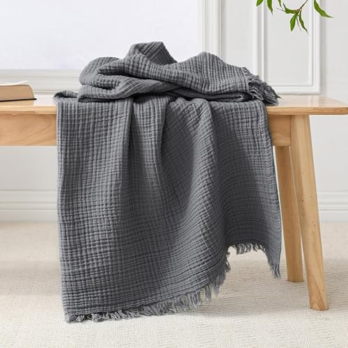 Esterra Muslin Throw Blanket 50x65 Inches Cozy Soft Lightweight Pre-Washed Cotton Blanket, All Season Breathable 4-Layer Gauze Blanket Throw for Sofa Couch Bed, Dark Gray - color: 11 - Dark Gray, size: Throw (50"x65")